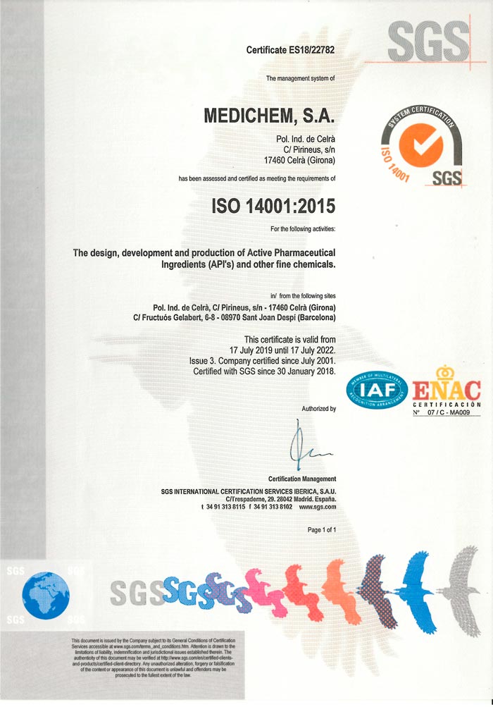ISO 14001:2015 certificate | Medichem