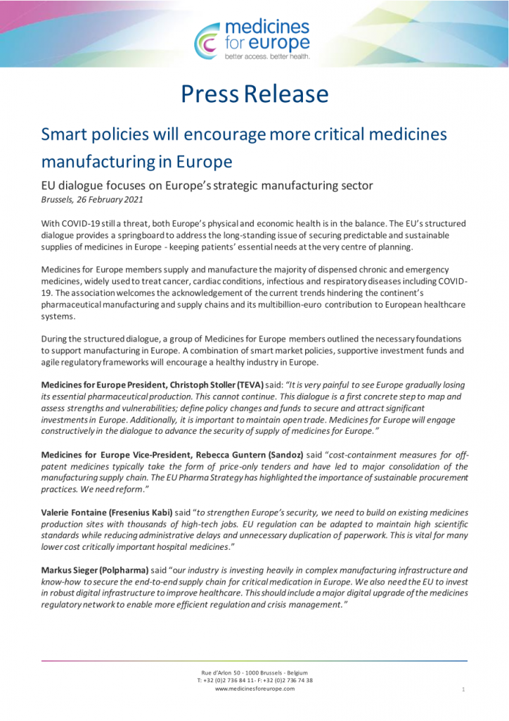 Press Release Smart Policies will encourage more critical medicines manufacturing in Europe