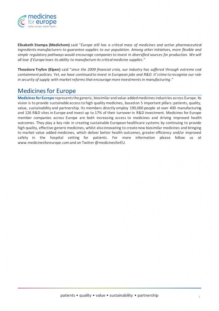 Elisabeth Stampa Medichem CEO statement Medicines Europe Statement from our CEO Elisabeth Stampa for Medicines for Europe